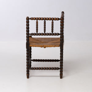 BRUTALIST OAK AND WICKER CORNER CHAIR, 1970S, DUTCH DESIGN