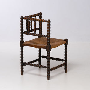 BRUTALIST OAK AND WICKER CORNER CHAIR, 1970S, DUTCH DESIGN