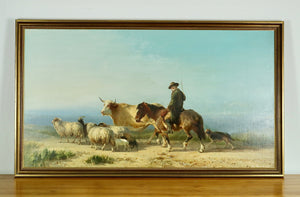 SHEPERD ON HORSE WITH DOG AND SHEEP - PAINTED BY ALFRED EDOUARD AGENOR VAN BYLANDT (1875)