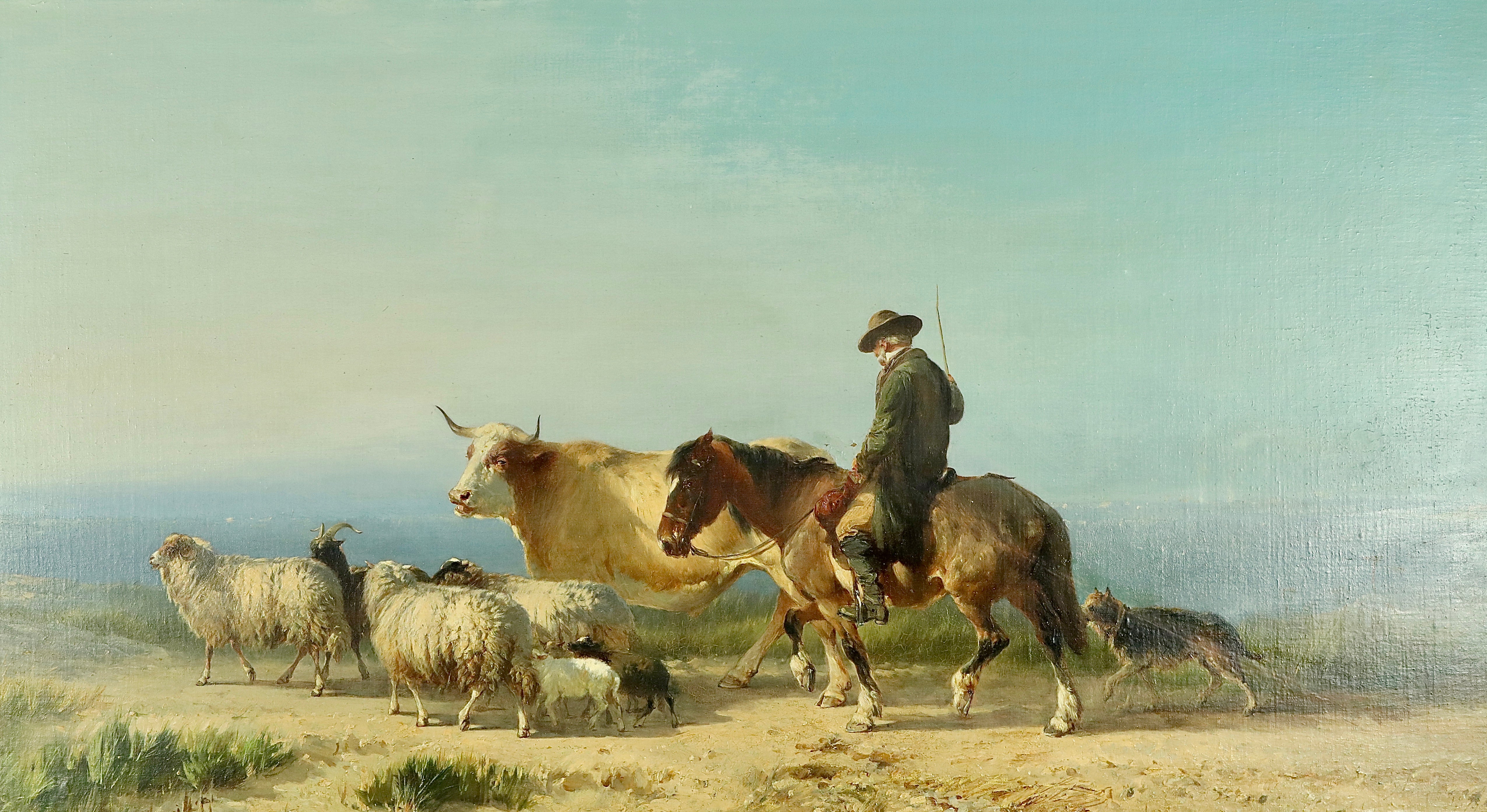SHEPERD ON HORSE WITH DOG AND SHEEP - PAINTED BY ALFRED EDOUARD AGENOR VAN BYLANDT (1875)